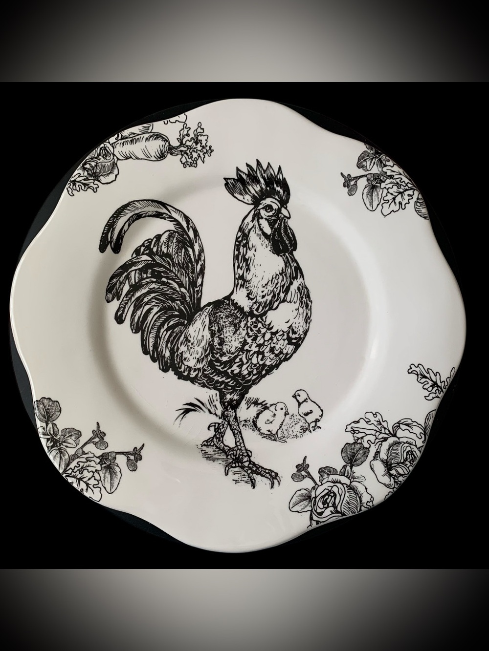 Rooster Chicks Barnyard Toile 12” Round Plate E Trostl Ceramic Farmhouse Cottage